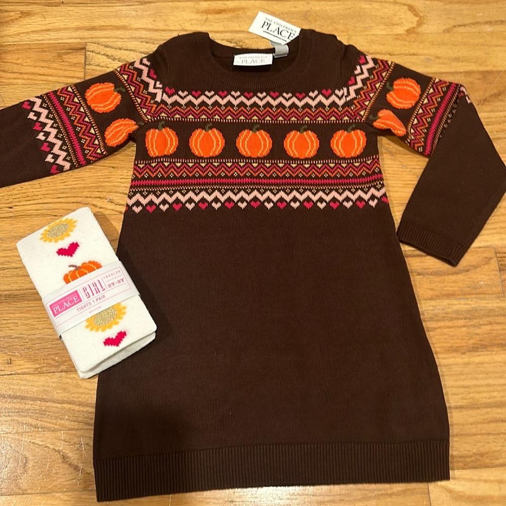 NWT Autumn pumpkin knit dress with matching knit tights 3T